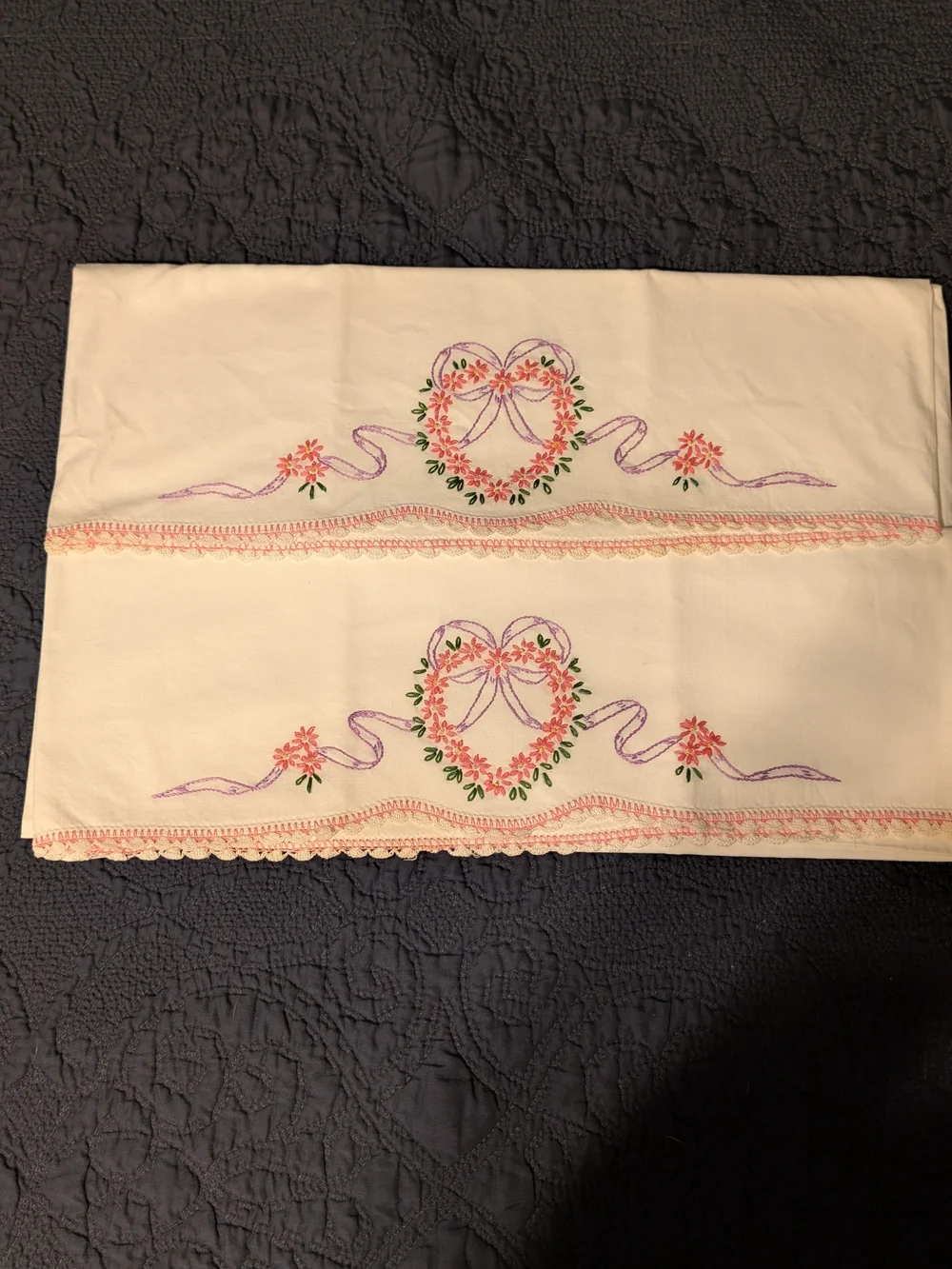 Embroidered Heart Floral Pillowcases - Cream with Pink & Green